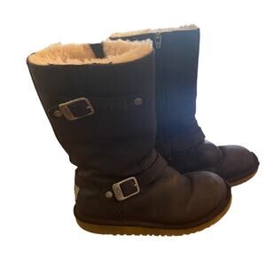 UGG Australia Kids Black Leather Sheepskin Lined Buckle Boots Size 2